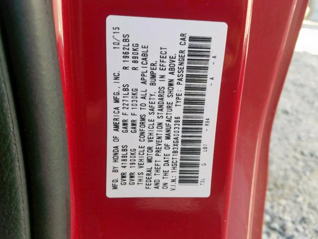 1HGCT1B3XGA003396 - 2016 HONDA ACCORD LX- RED photo 10