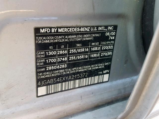 4JGAB54EXYA215372 - 2000 MERCEDES-BENZ ML 320 SILVER photo 10