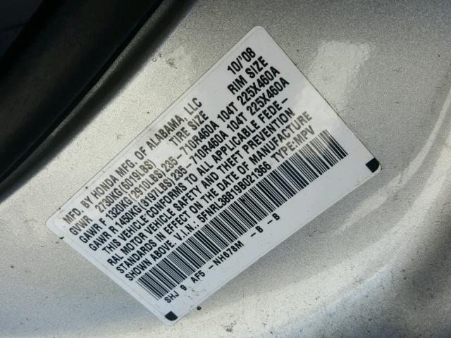 5FNRL38819B021366 - 2009 HONDA ODYSSEY TO SILVER photo 10