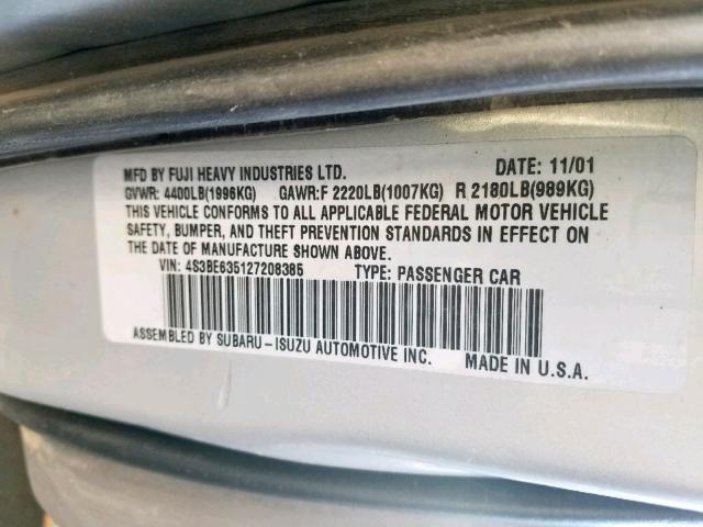 4S3BE635127208385 - 2002 SUBARU LEGACY L SILVER photo 10