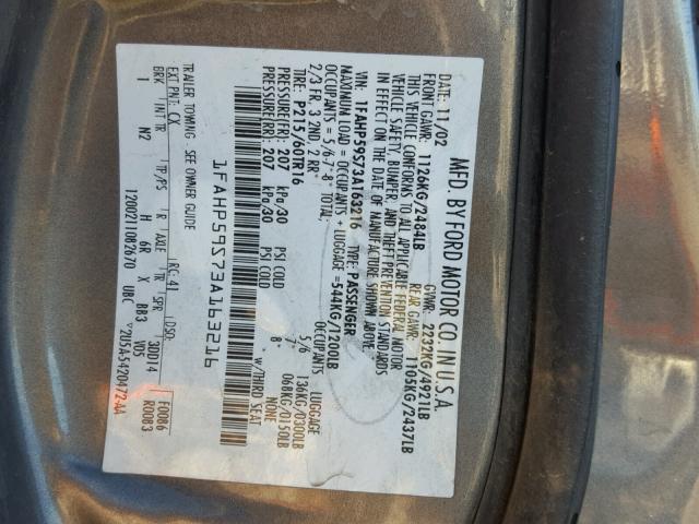 1FAHP59S73A163216 - 2003 FORD TAURUS SEL GRAY photo 10