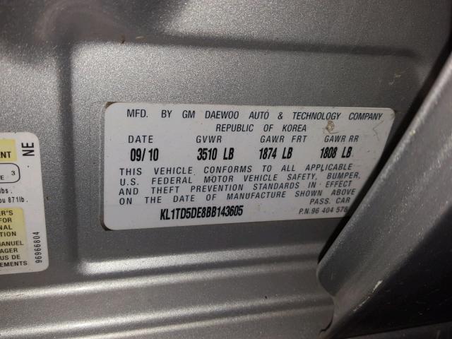 KL1TD5DE8BB143605 - 2011 CHEVROLET AVEO LS SILVER photo 10