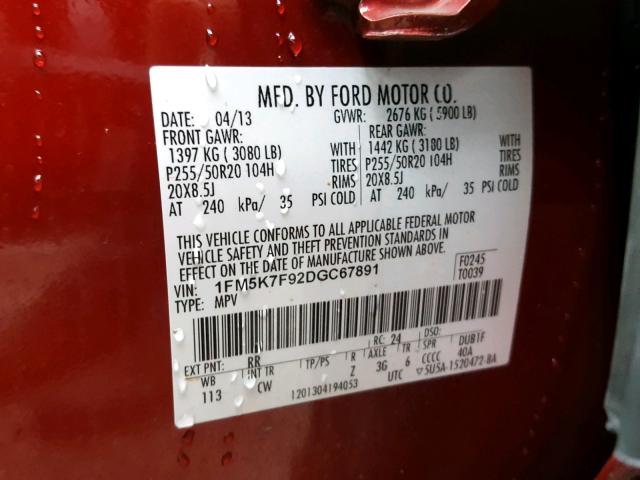 1FM5K7F92DGC67891 - 2013 FORD EXPLORER L RED photo 10