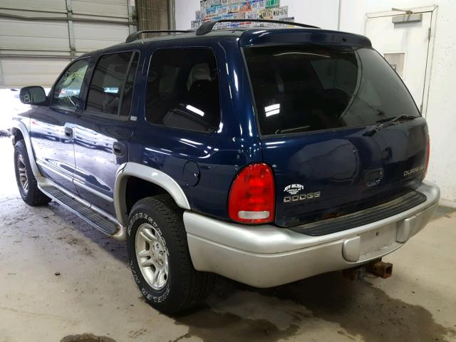 1B4HS58N52F143212 - 2002 DODGE DURANGO SL BLUE photo 3