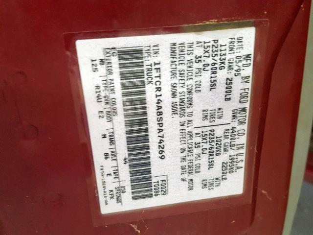 1FTCR14A8SPA74269 - 1995 FORD RANGER SUP RED photo 10