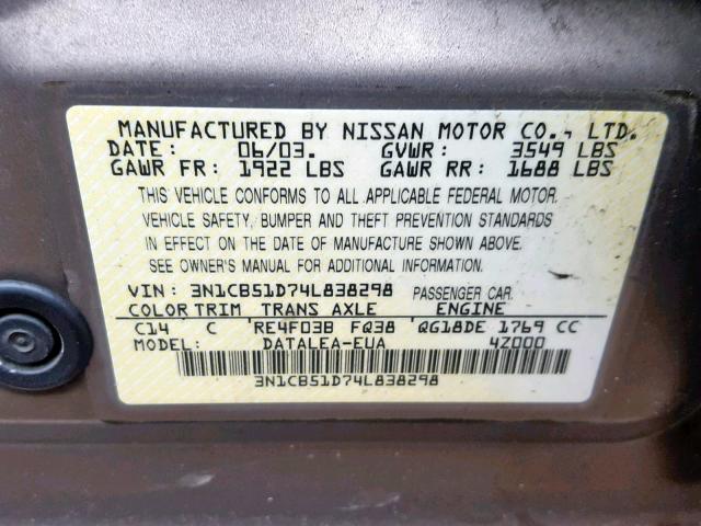 3N1CB51D74L838298 - 2004 NISSAN SENTRA 1.8 TAN photo 10