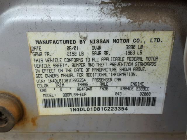 1N4DL01D81C223354 - 2001 NISSAN ALTIMA XE SILVER photo 10