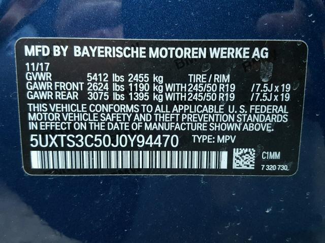 5UXTS3C50J0Y94470 - 2018 BMW X3 XDRIVE3 BLUE photo 10