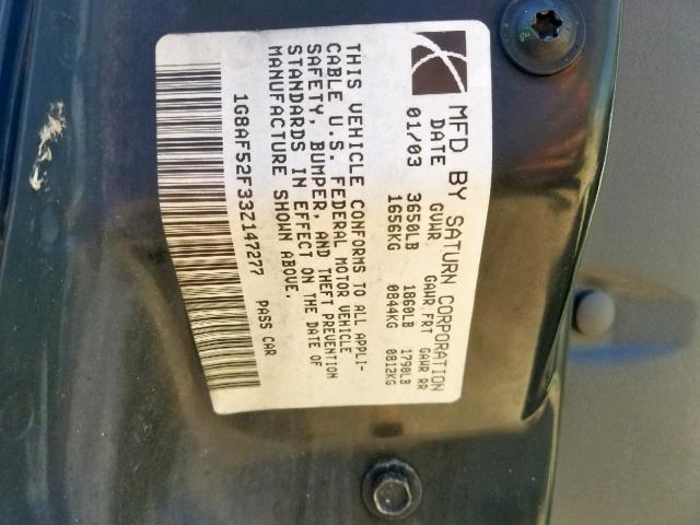 1G8AF52F33Z147277 - 2003 SATURN ION LEVEL BLACK photo 10