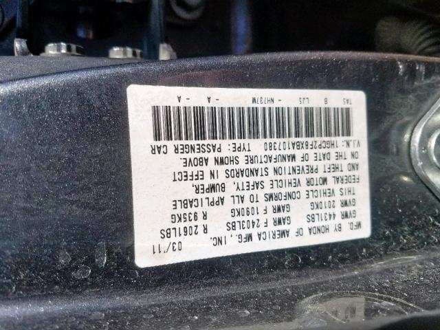 1HGCP2F8XBA107380 - 2011 HONDA ACCORD EXL GRAY photo 10