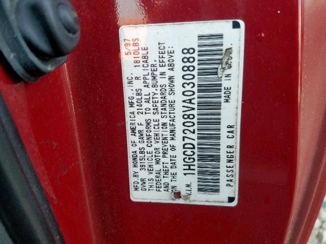 1HGCD7208VA030888 - 1997 HONDA ACCORD SE RED photo 10