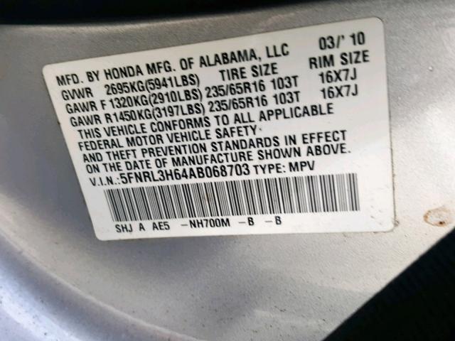 5FNRL3H64AB068703 - 2010 HONDA ODYSSEY EX GRAY photo 10