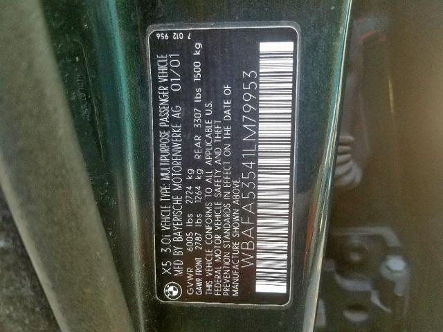 WBAFA53541LM79953 - 2001 BMW X5 3.0I GREEN photo 10