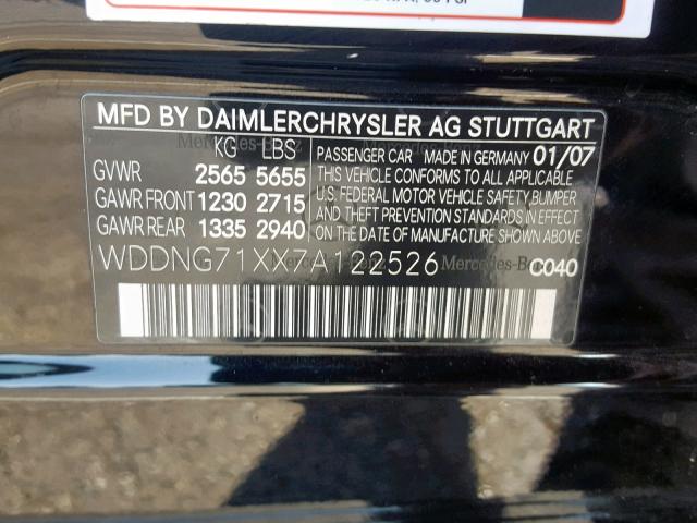 WDDNG71XX7A122526 - 2007 MERCEDES-BENZ S 550 BLACK photo 10