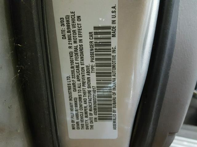 4S3BE635037214017 - 2003 SUBARU LEGACY L SILVER photo 10