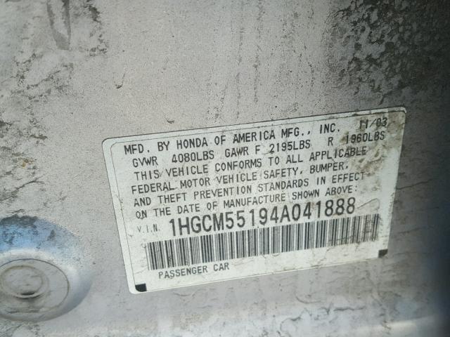 1HGCM55194A041888 - 2004 HONDA ACCORD DX SILVER photo 10