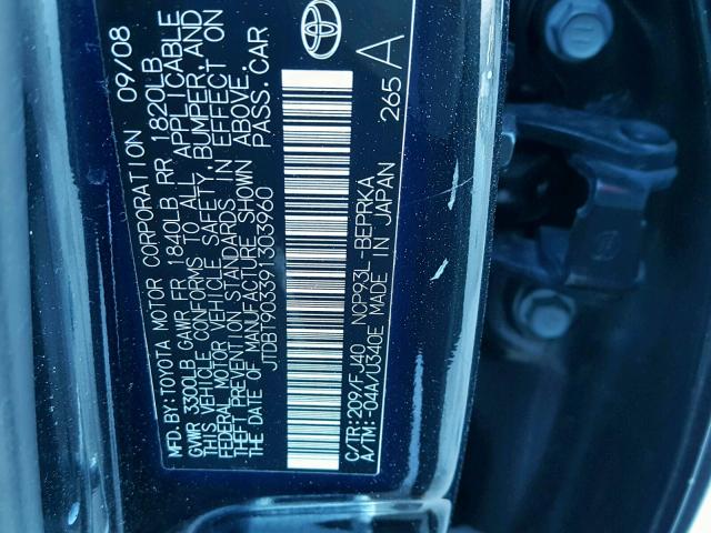 JTDBT903391303960 - 2009 TOYOTA YARIS BLACK photo 10