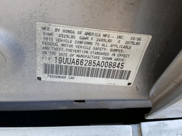 19UUA66285A008845 - 2005 ACURA TL SILVER photo 10