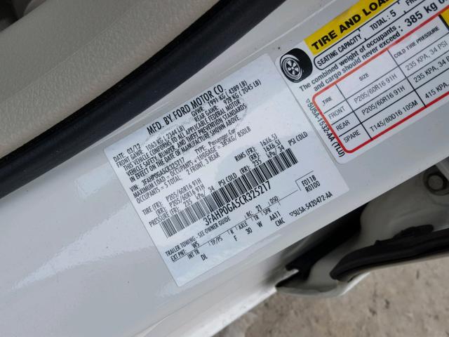 3FAHP0GA5CR325217 - 2012 FORD FUSION S WHITE photo 10