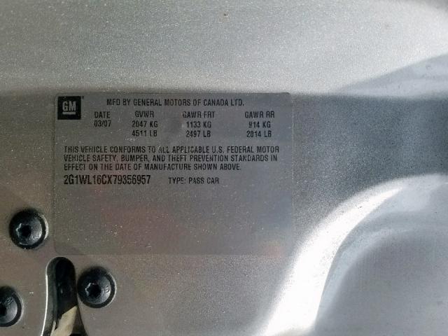 2G1WL16CX79356957 - 2007 CHEVROLET MONTE CARL ვერცხლისფერი ფოტო 10