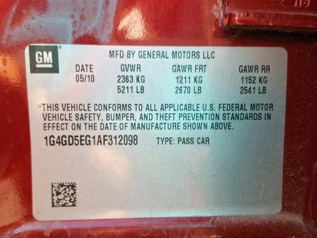 1G4GD5EG1AF312098 - 2010 BUICK LACROSSE C RED photo 10