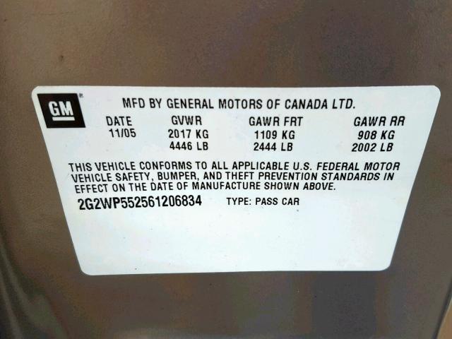 2G2WP552561206834 - 2006 PONTIAC GRAND PRIX GOLD photo 10