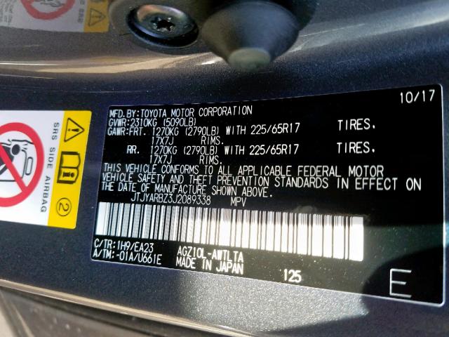 JTJYARBZ3J2089338 - 2018 LEXUS NX 300 BAS 石墨色 照片 10