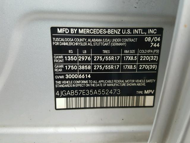 4JGAB57E35A552473 - 2005 MERCEDES-BENZ ML 350 SILVER photo 10