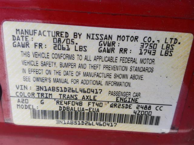 3N1AB51D26L460417 - 2006 NISSAN SENTRA SE- RED photo 10