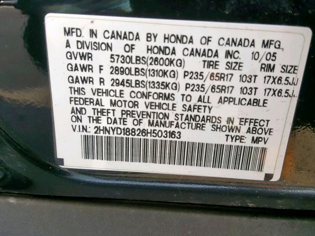 2HNYD18826H503163 - 2006 ACURA MDX TOURIN BLACK photo 10