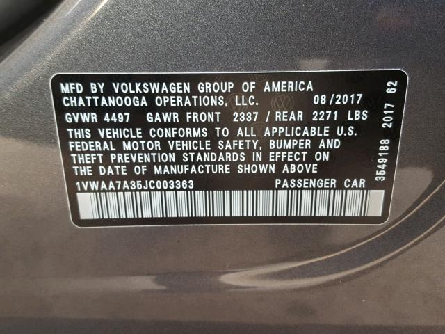 1VWAA7A35JC003363 - 2018 VOLKSWAGEN PASSAT S GRAY photo 10