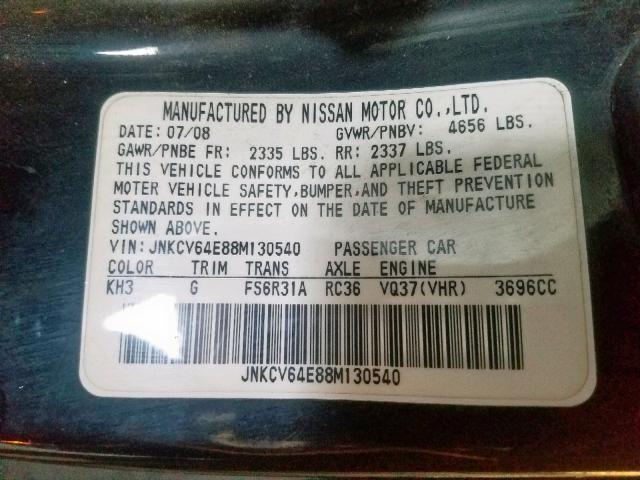 JNKCV64E88M130540 - 2008 INFINITI G37 BASE BLACK photo 10