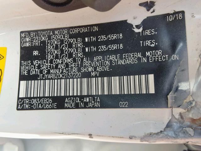 JTJYARBZ0K2137220 - 2019 LEXUS NX 300 BAS 白色 照片 10