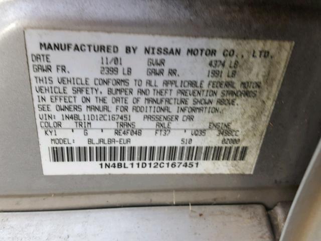 1N4BL11D12C167451 - 2002 NISSAN ALTIMA SE SILVER photo 10