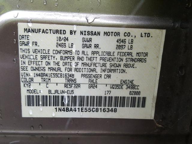 1N4BA41E55C816348 - 2005 NISSAN MAXIMA SE BEIGE photo 10