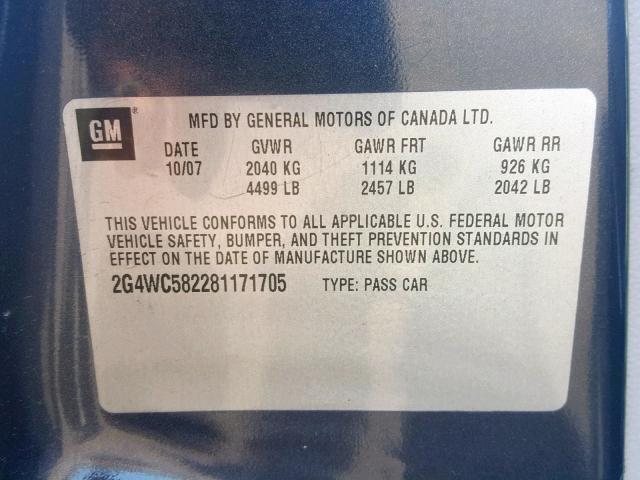 2G4WC582281171705 - 2008 BUICK LACROSSE C GRAY photo 10