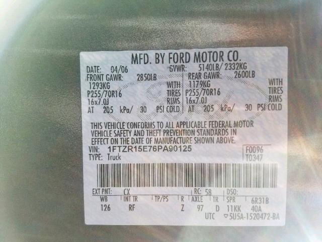 1FTZR15E76PA90125 - 2006 FORD RANGER SUP GRAY photo 10