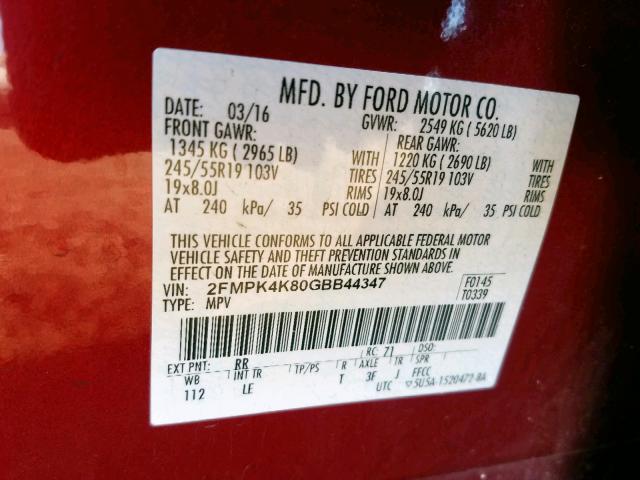 2FMPK4K80GBB44347 - 2016 FORD EDGE TITAN RED photo 10