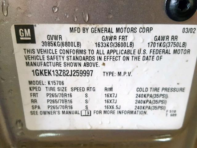 1GKEK13Z82J259997 - 2002 GMC YUKON TAN photo 10