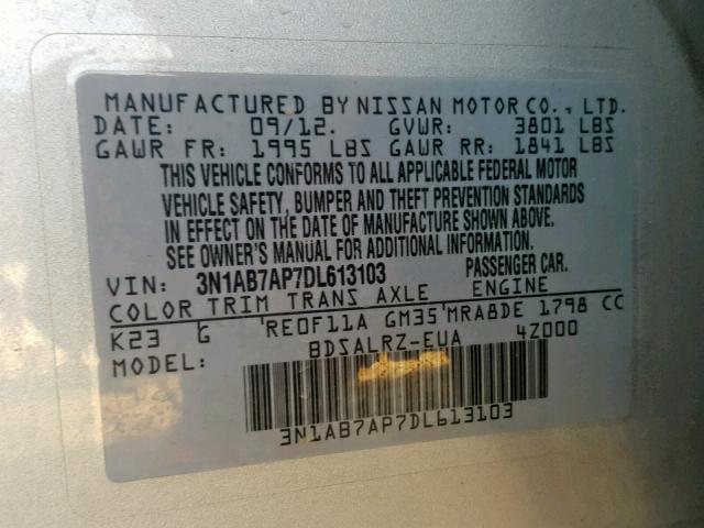 3N1AB7AP7DL613103 - 2013 NISSAN SENTRA SILVER photo 10