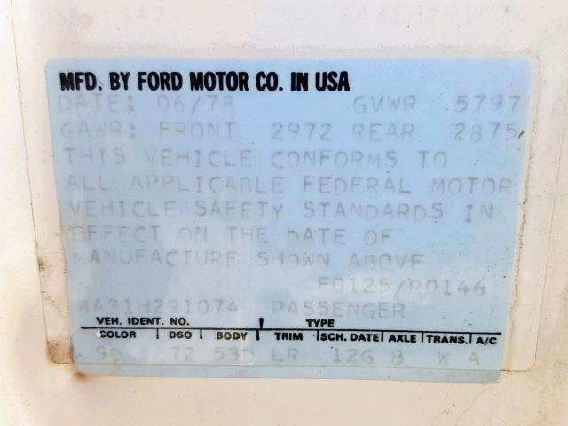 8A31H291074 - 1978 FORD LTD II WHITE photo 10