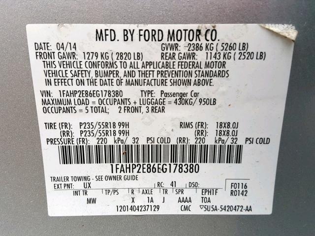 1FAHP2E86EG178380 - 2014 FORD TAURUS SEL SILVER photo 10