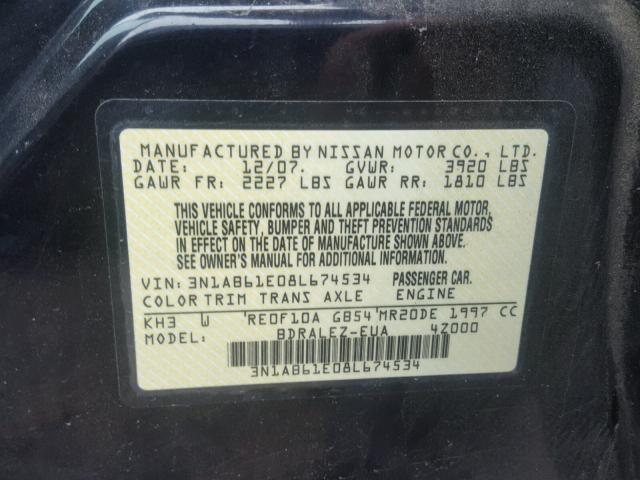 3N1AB61E08L674534 - 2008 NISSAN SENTRA 2.0 BLACK photo 10