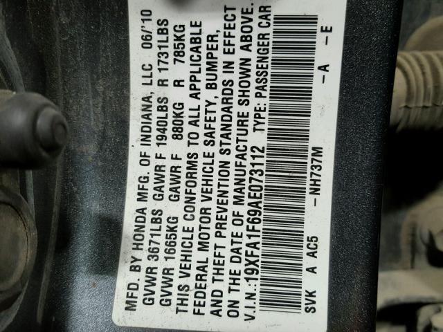 19XFA1F69AE073112 - 2010 HONDA CIVIC CHARCOAL photo 10