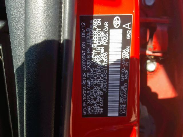 JTDKDTB3XC1512076 - 2012 TOYOTA PRIUS C RED photo 10