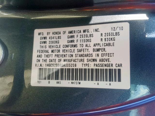 1HGCS2B88BA005208 - 2011 HONDA ACCORD EXL GRAY photo 10