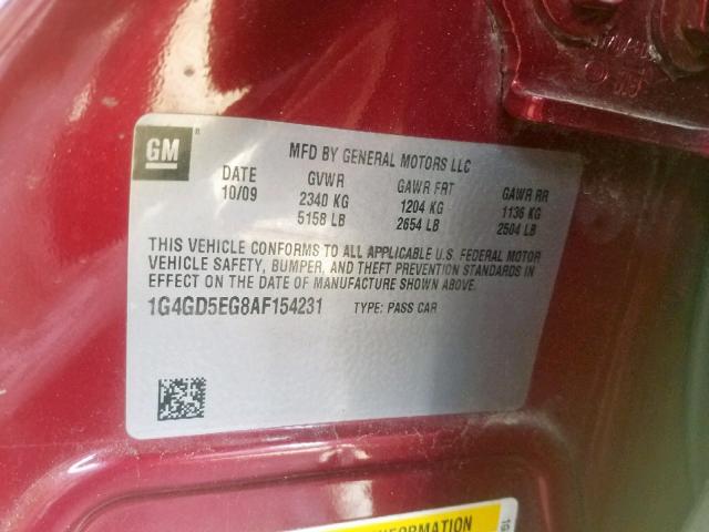 1G4GD5EG8AF154231 - 2010 BUICK LACROSSE C RED photo 10