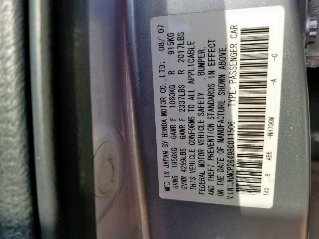 JHMCP26498C011506 - 2008 HONDA ACCORD LXP SILVER photo 10