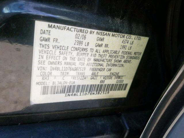 1N4BL11D76N382519 - 2006 NISSAN ALTIMA SE BLACK photo 10