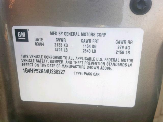 1G4HP52K44U238227 - 2004 BUICK LESABRE CU GOLD photo 10